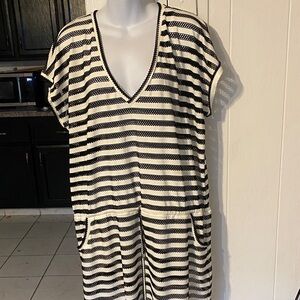 Black and White Striped V-Neck Dress